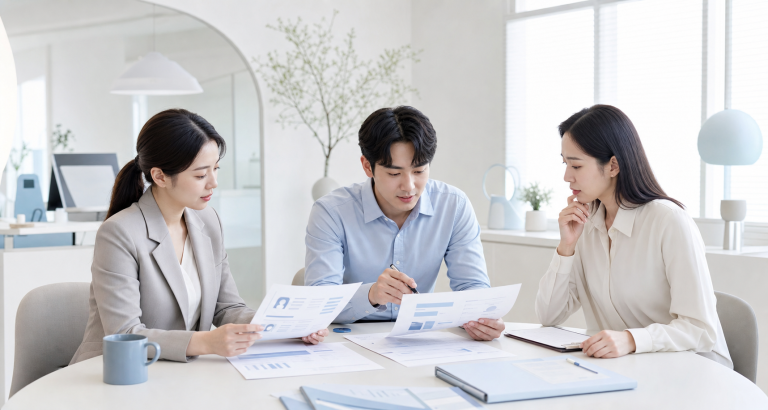채용 지원 서류와 마케팅 기획안을 검토하는 협업 장면